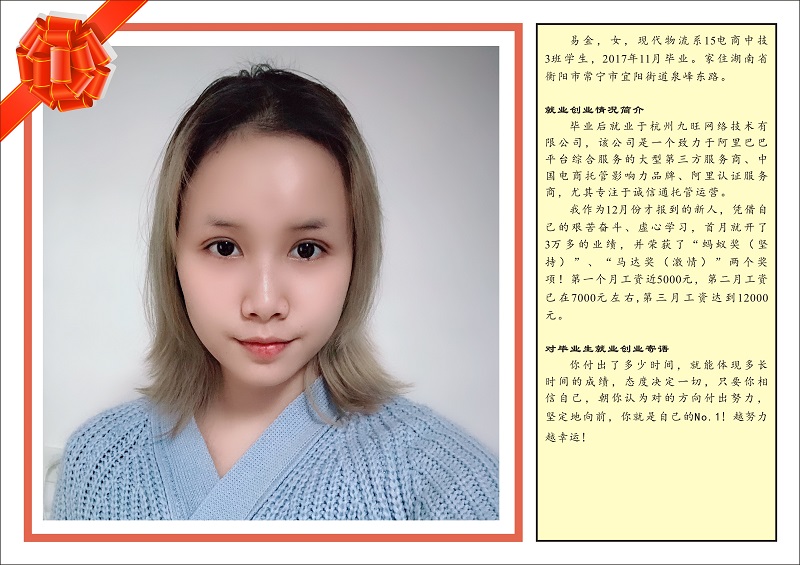 優(yōu)秀畢業(yè)生現(xiàn)代物流系15電商中技3班-易金